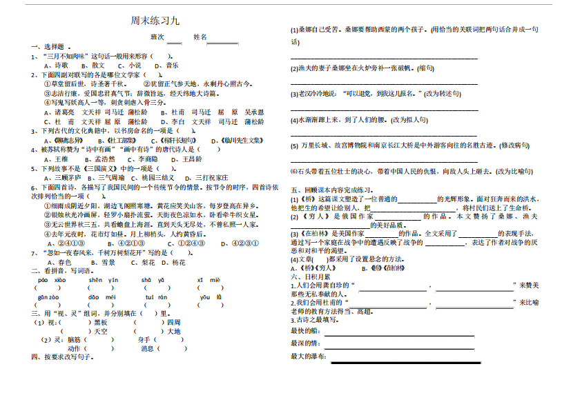 人教版统编版六年级上册语文试题-周末练习九(含答案)人教部编版