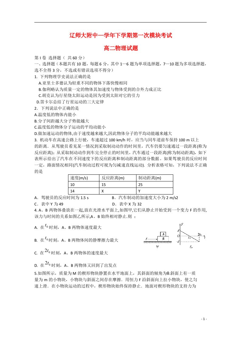 辽宁师大附中高二物理下学期第一次模块考试试题