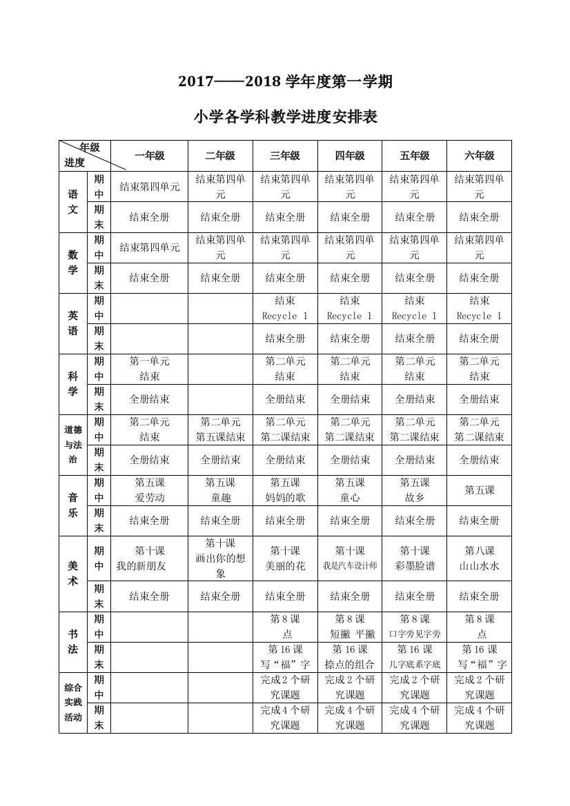 小学各学科教学进安排表