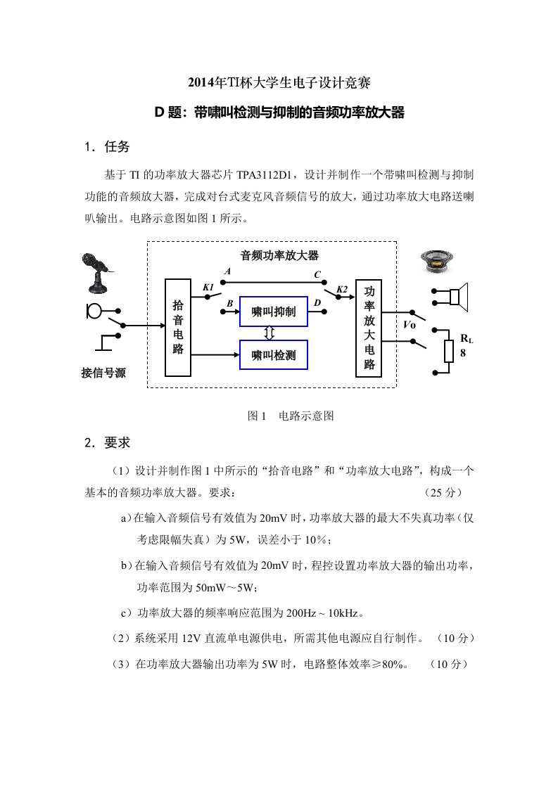 TI杯大学生电子设计竞赛赛题-D题音频功率放大器及啸叫抑制设计