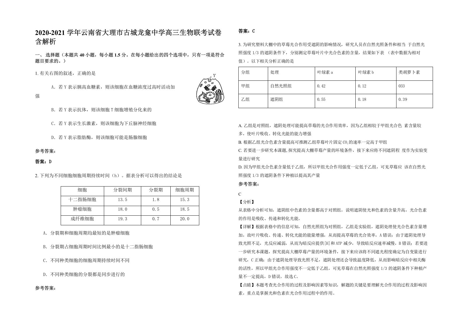 2020-2021学年云南省大理市古城龙龛中学高三生物联考试卷含解析