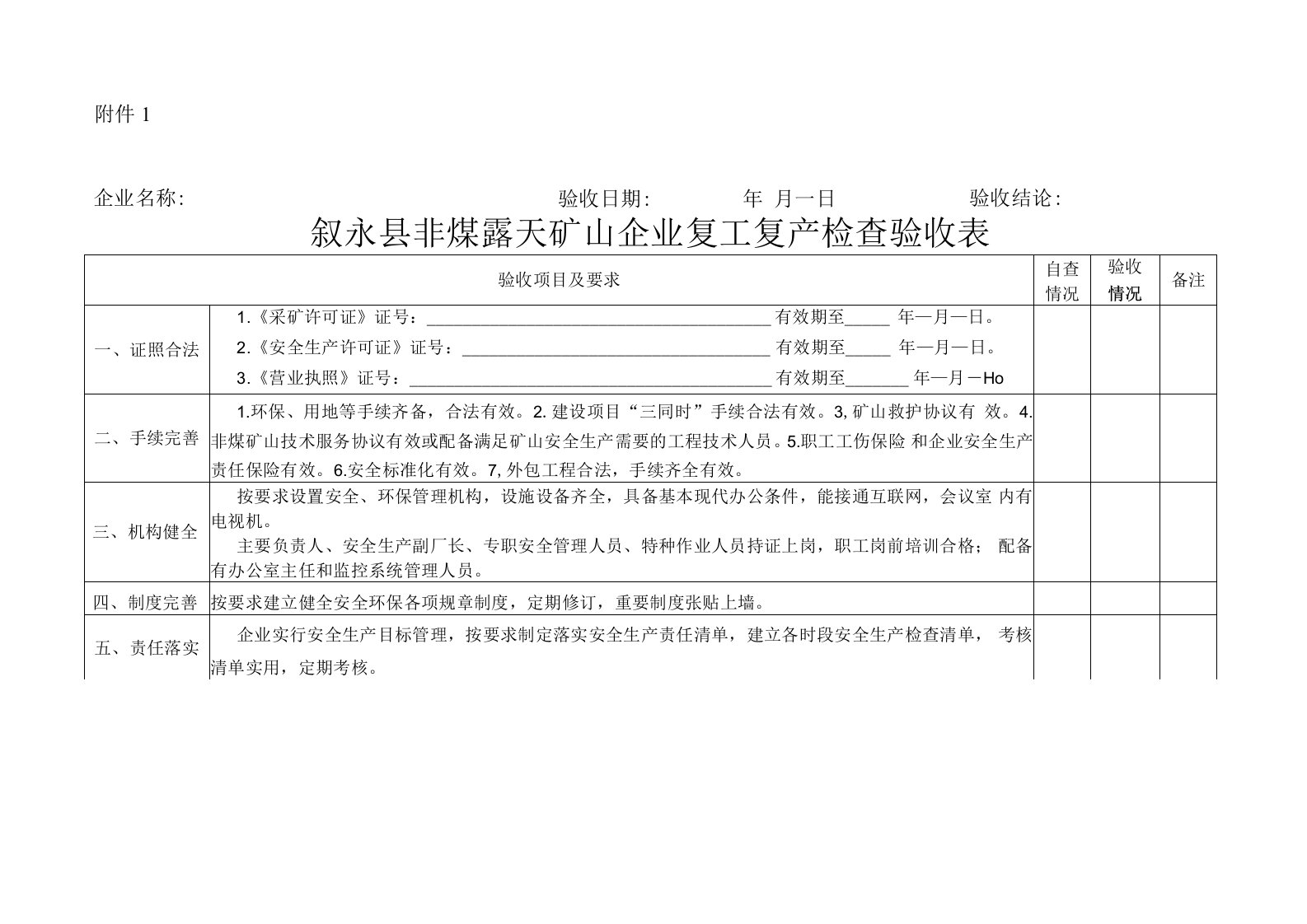 露天复工复产验收标准