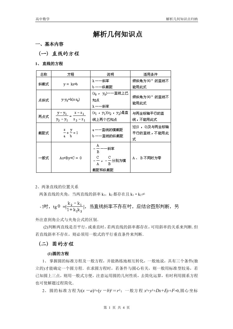 高中解析几何知识点