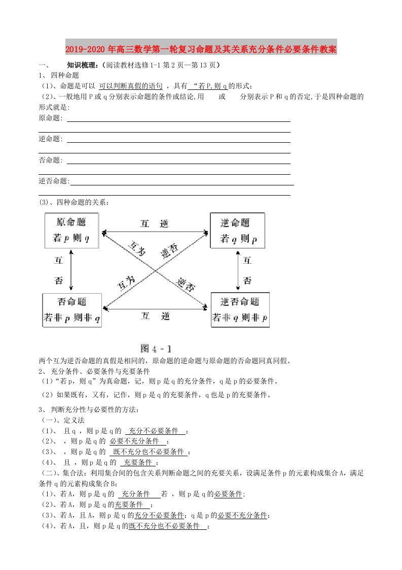 2019-2020年高三数学第一轮复习命题及其关系充分条件必要条件教案