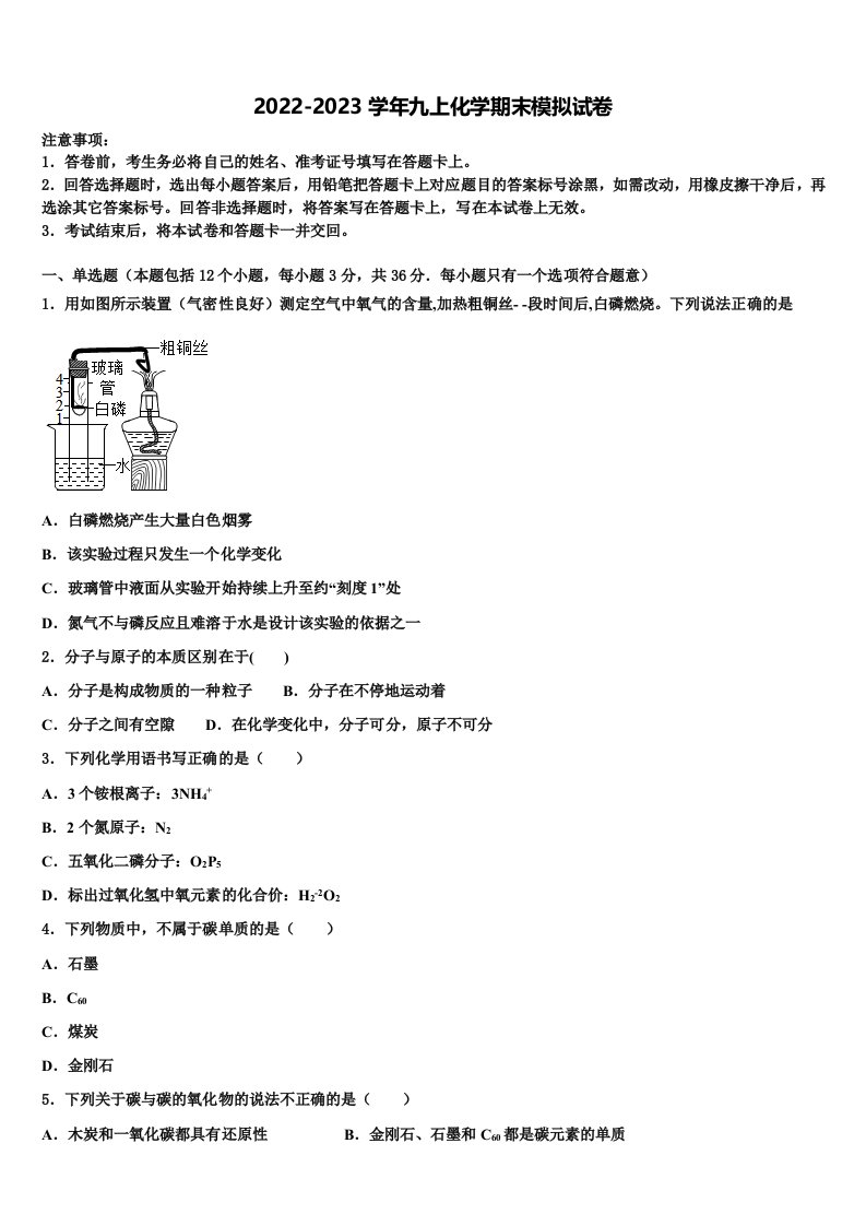 山东省滨州市五校联合2022-2023学年九年级化学第一学期期末质量检测试题含解析