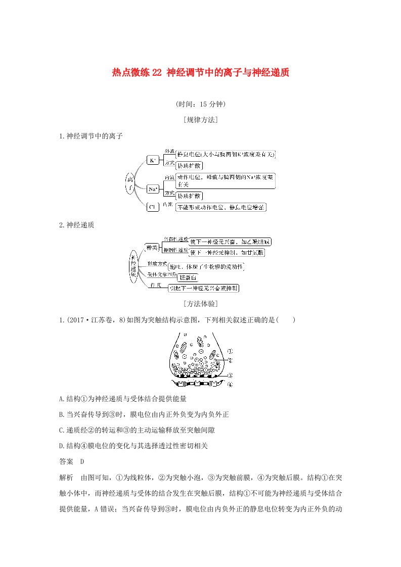 通用版高考生物30个热点微练22神经调节中的离子与神经递质