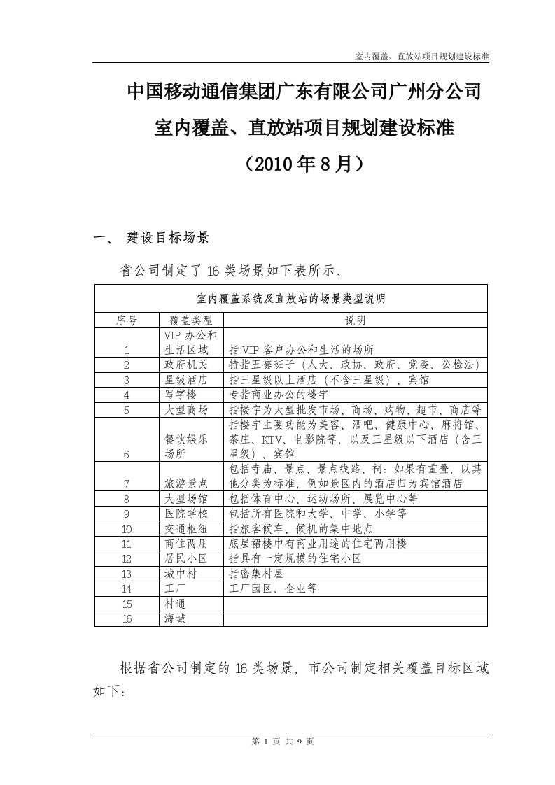 室内覆盖、直放站项目规划建设标准