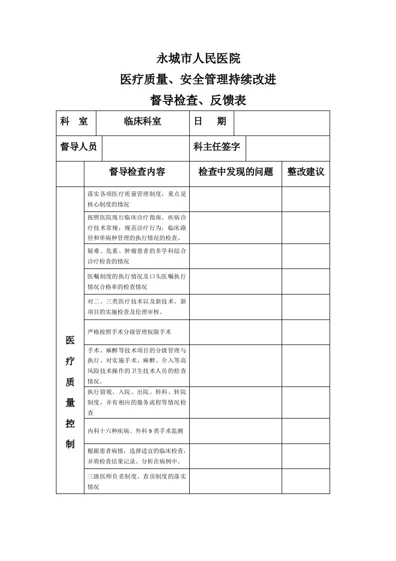 医疗质量、安全管理持续改进督查表