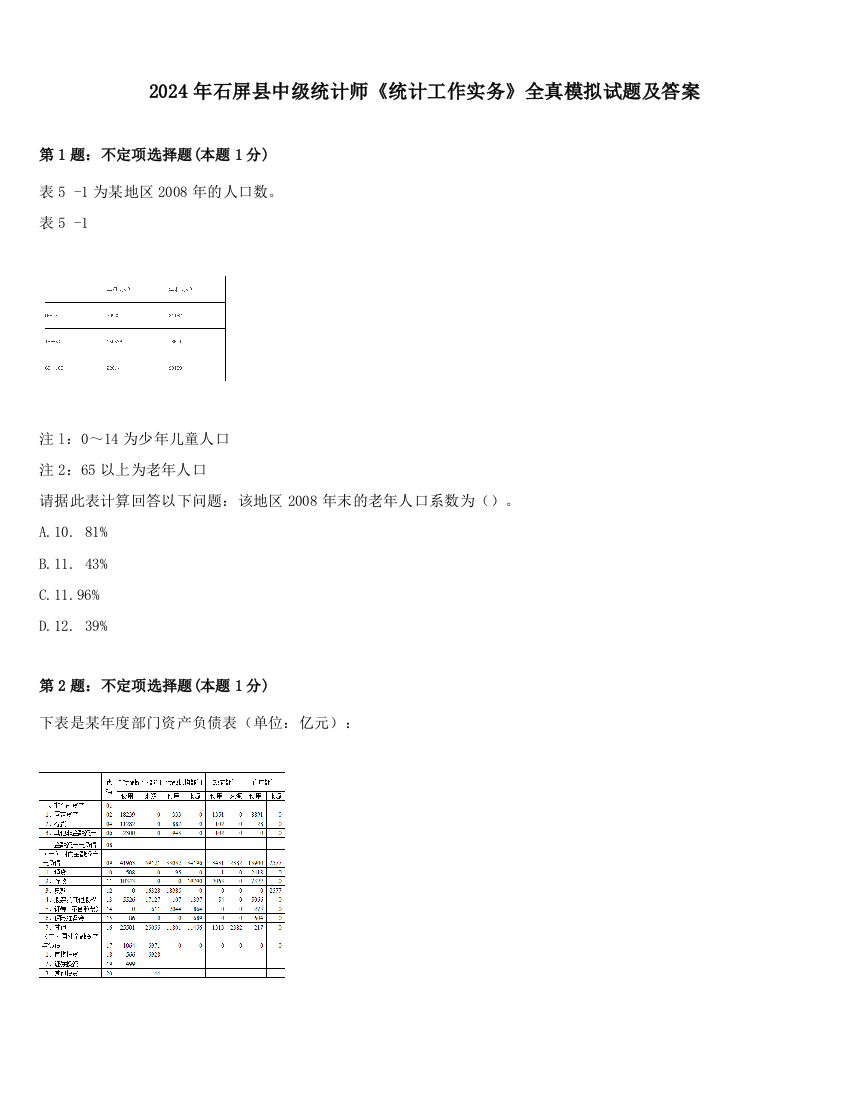 2024年石屏县中级统计师《统计工作实务》全真模拟试题及答案