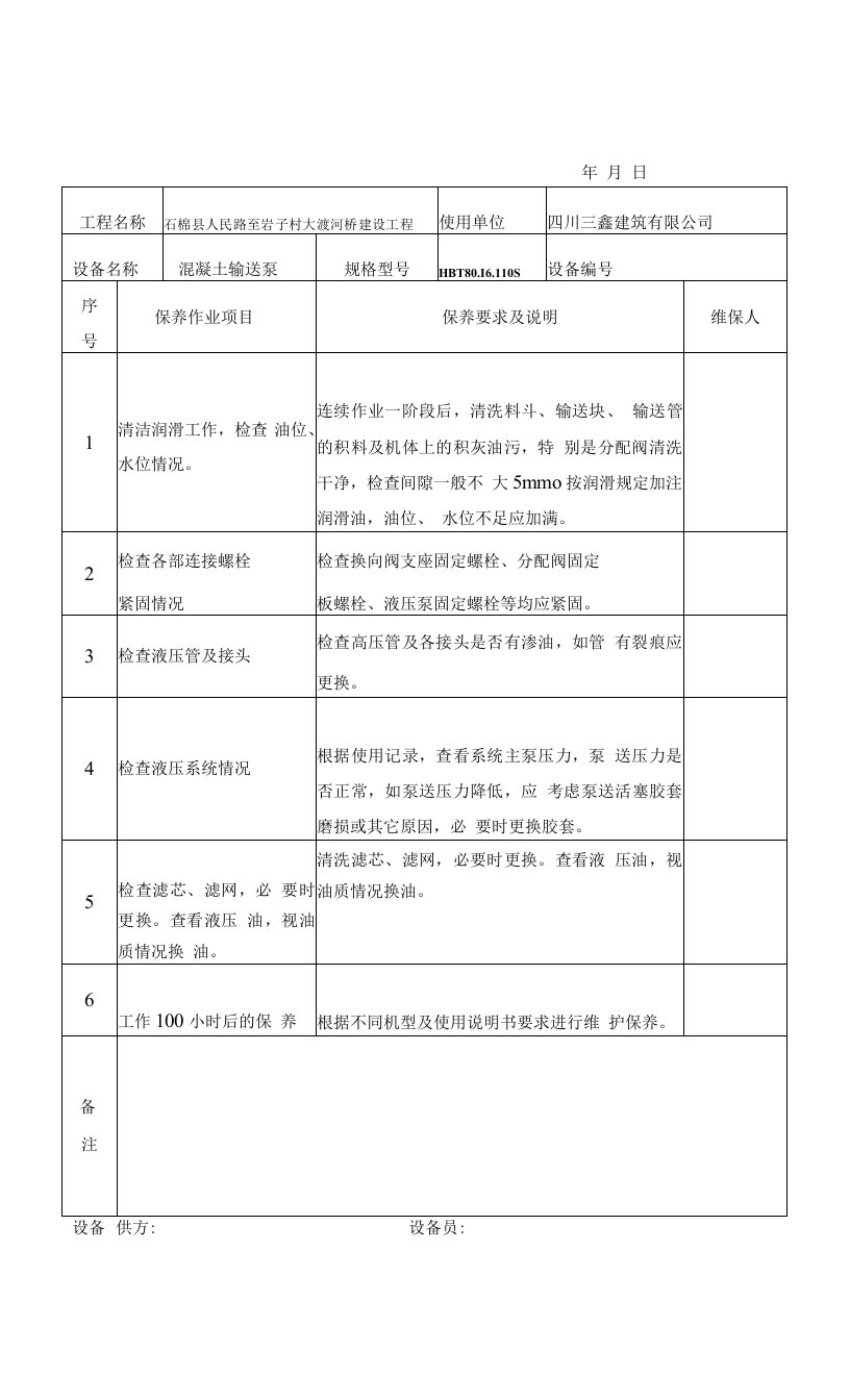 施工现场机械维修保养记录表（1）