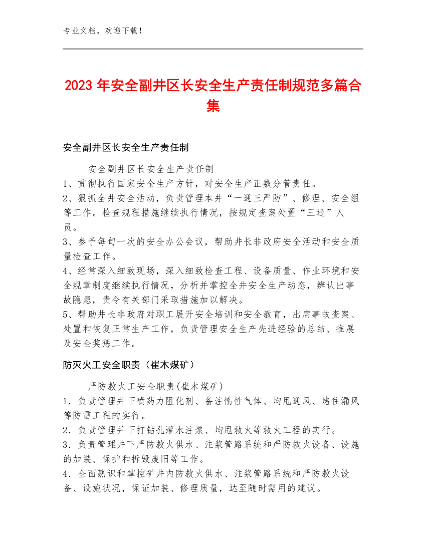 2023年安全副井区长安全生产责任制规范多篇合集