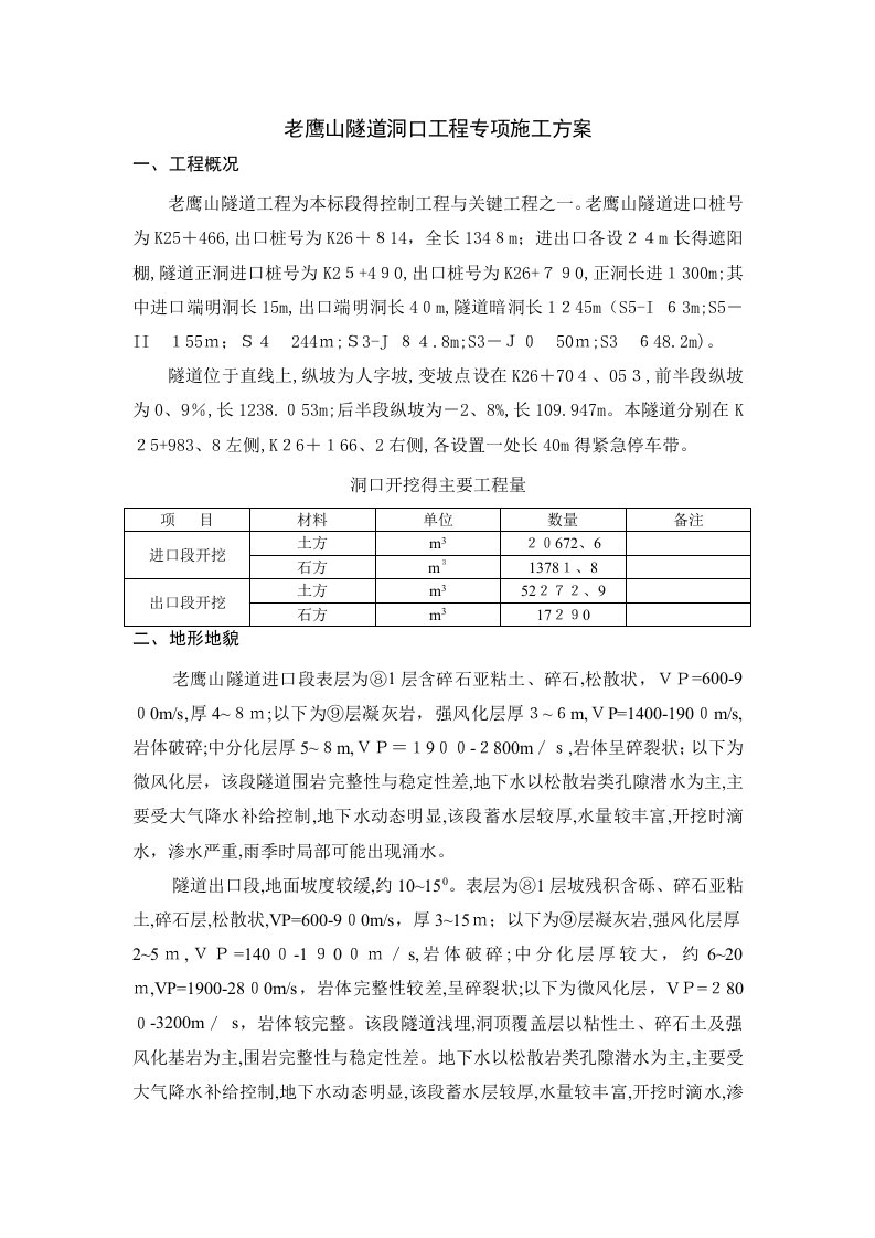 隧道洞口开挖专项施工方案