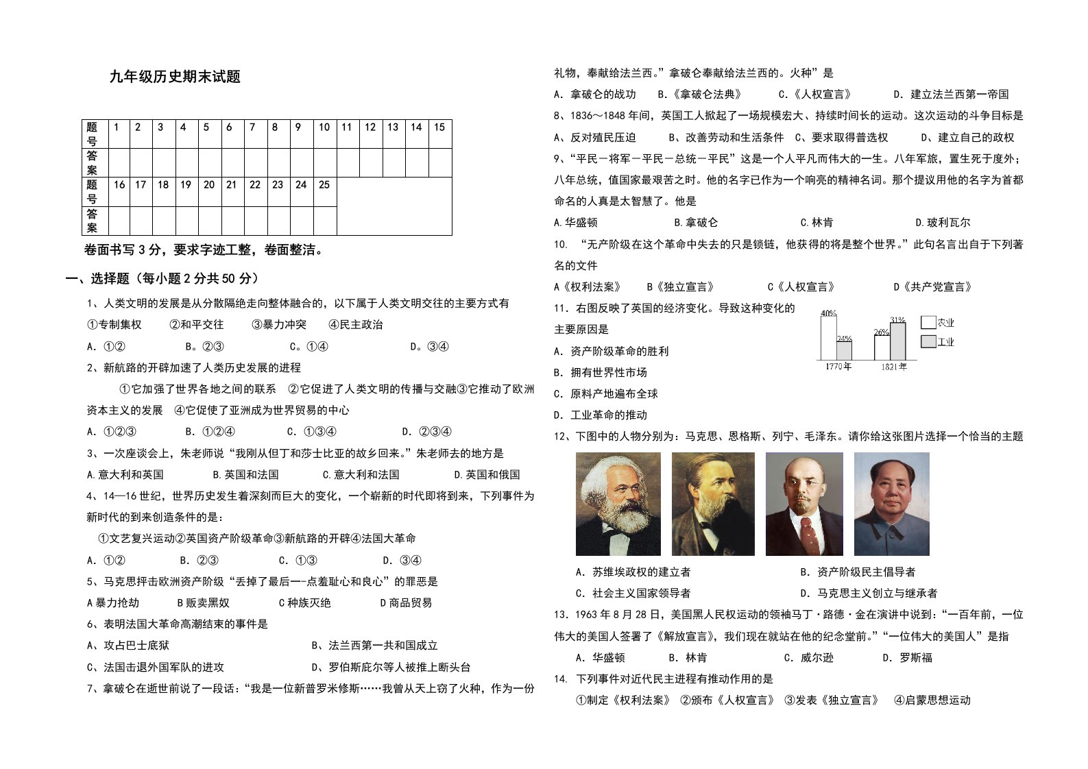 人教版初中九年级上册历史期末试题