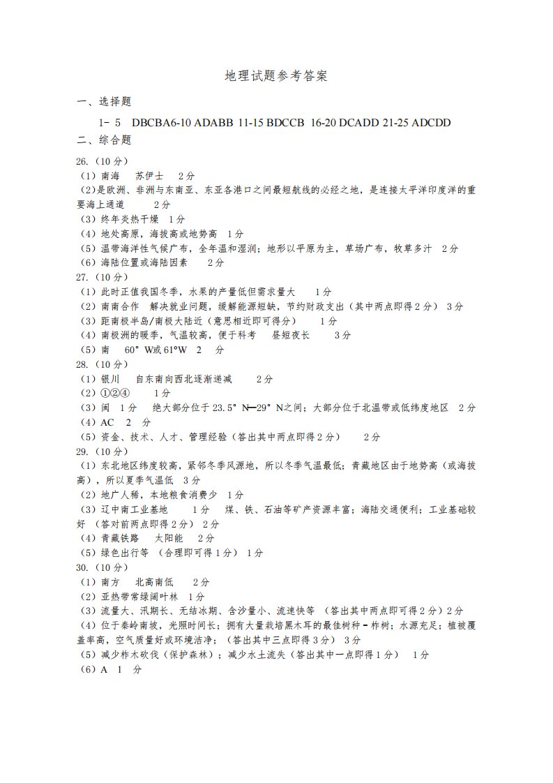 2023年初中学业水平考试七年级地理试题参考答案