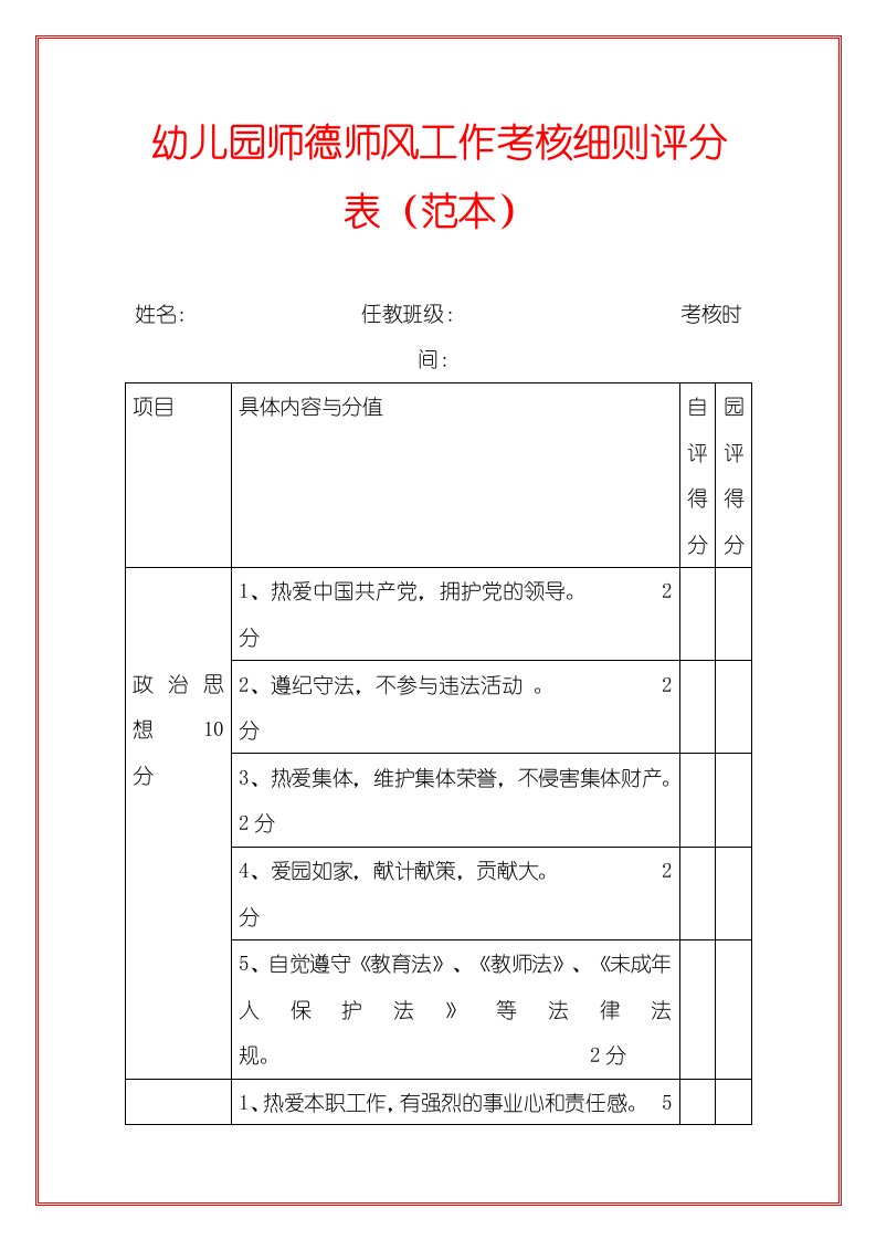 幼儿园师德师风工作考核细则评分表（范本）