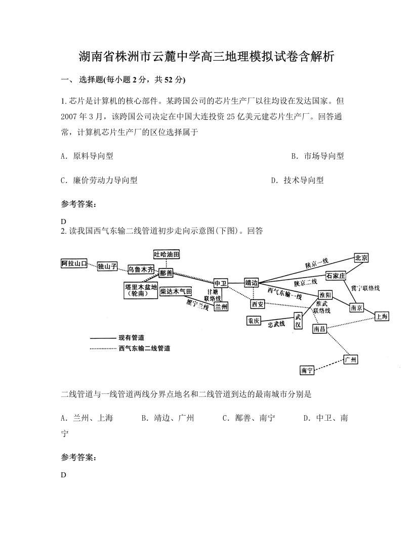 湖南省株洲市云麓中学高三地理模拟试卷含解析