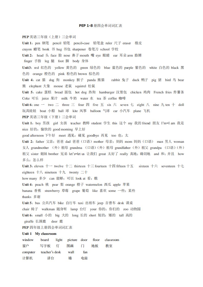 PEP人教版小学三-六年级英语全部单词词汇表总复习资料