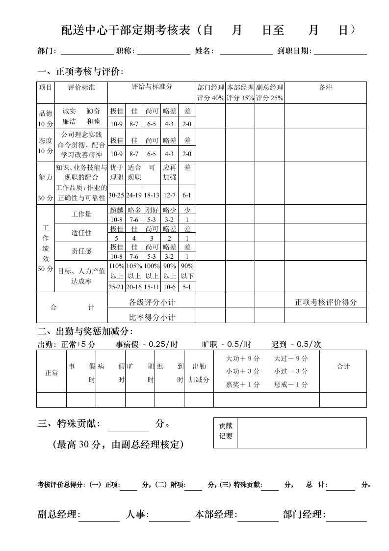 绩效管理表格-配送中心干部定期考核表