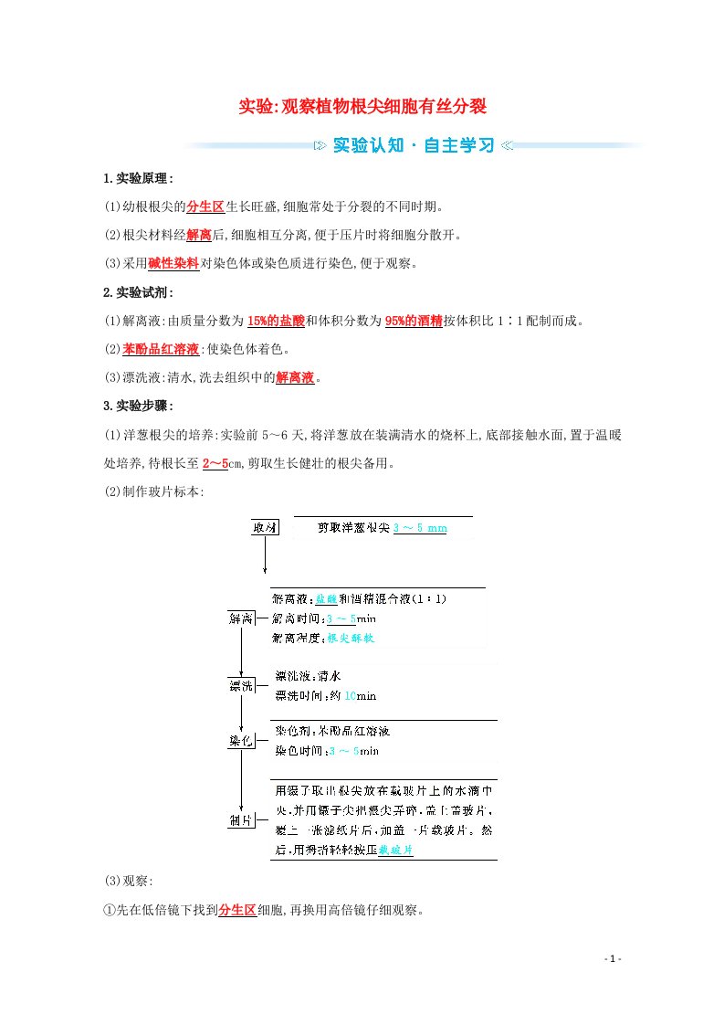 2021_2022版新教材高中生物第四章细胞增殖分化衰老和死亡实验：观察植物根尖细胞有丝分裂学案苏教版必修1