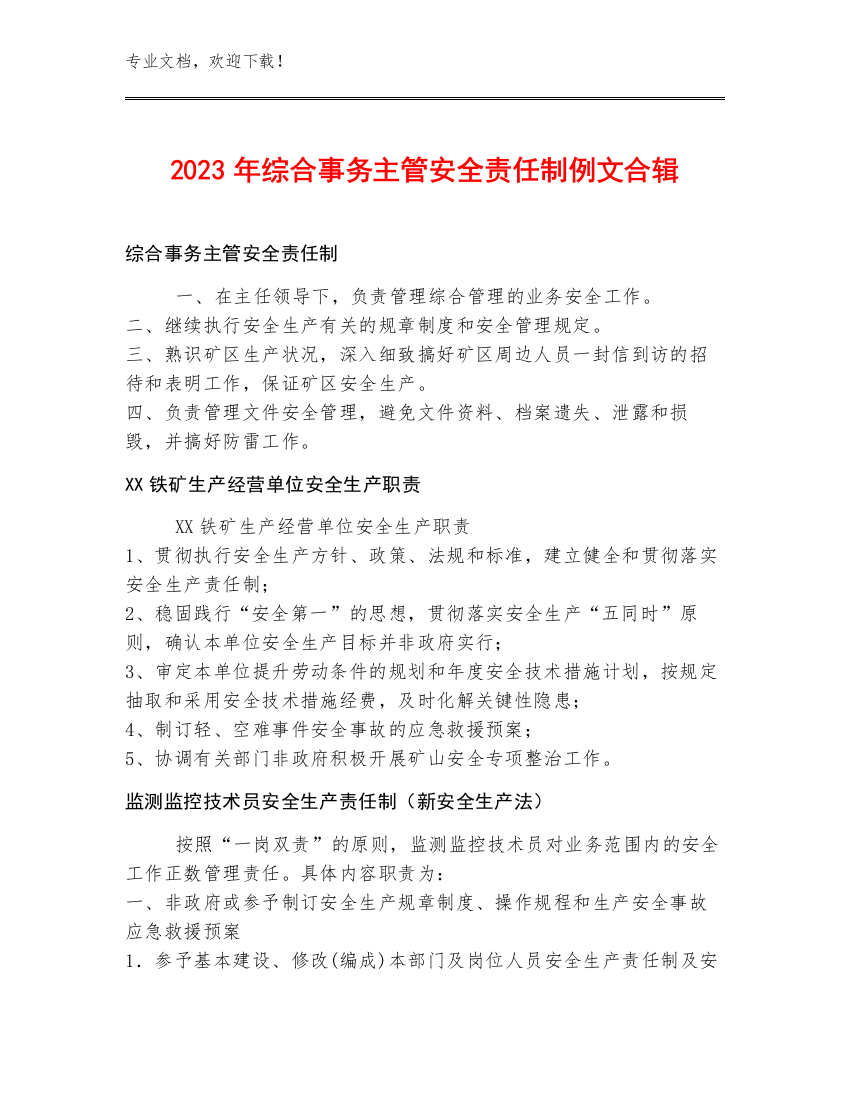 2023年综合事务主管安全责任制例文合辑