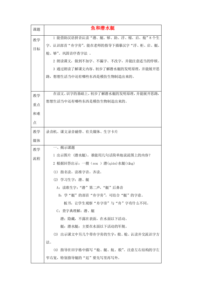 春一年级语文下册《鱼和潜水艇》教案2