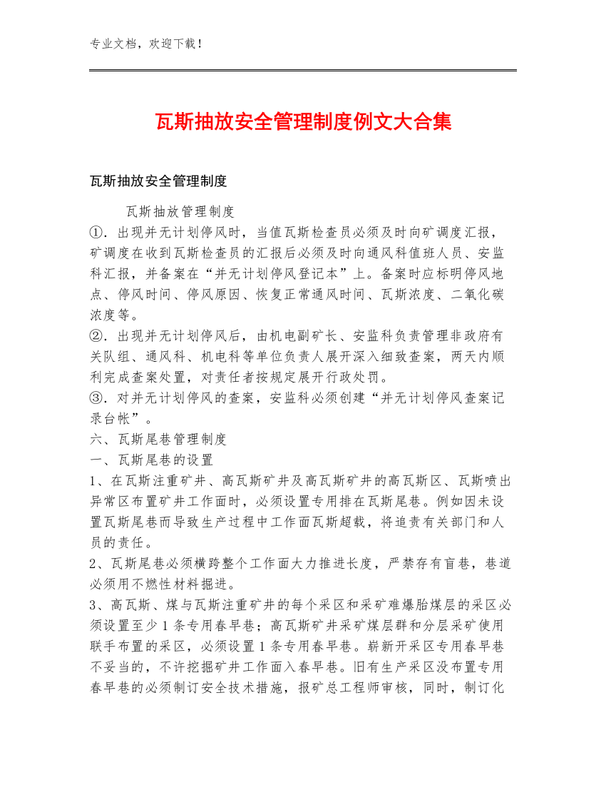 瓦斯抽放安全管理制度例文大合集