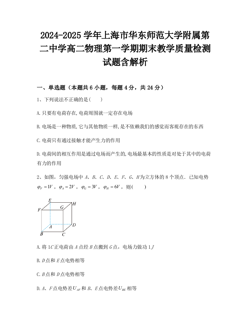 2024-2025学年上海市华东师范大学附属第二中学高二物理第一学期期末教学质量检测试题含解析