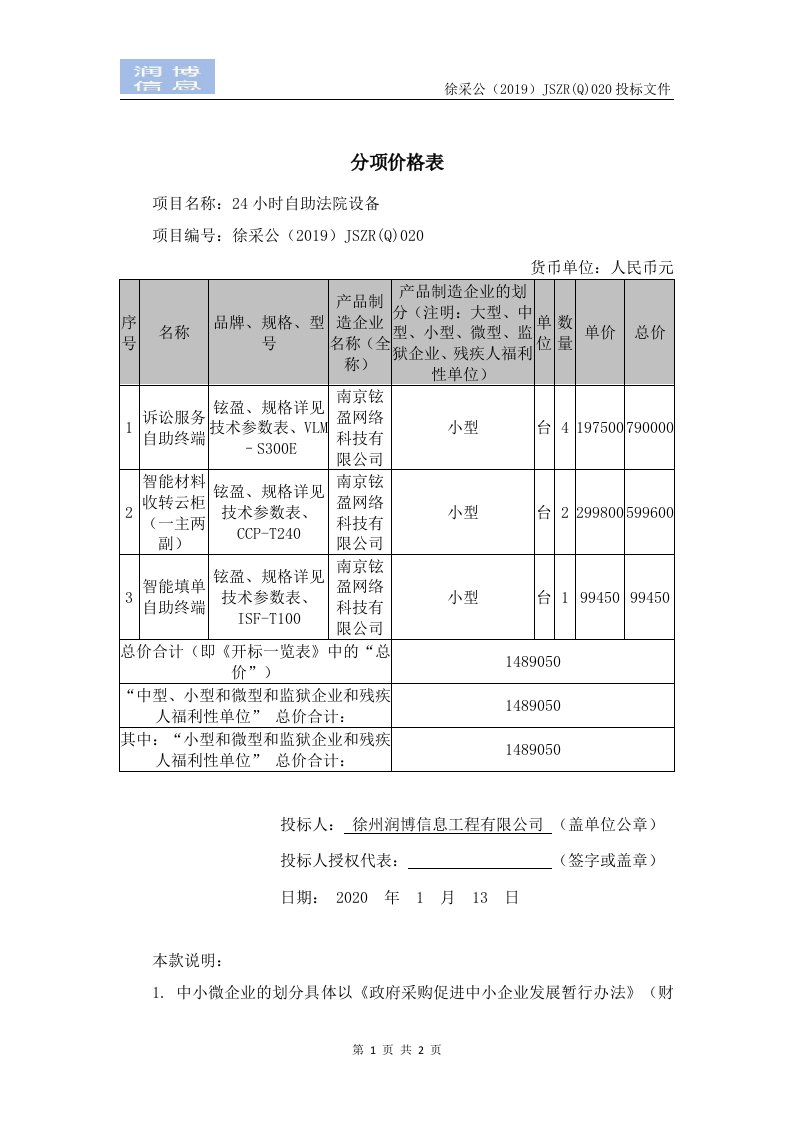 分项价格表