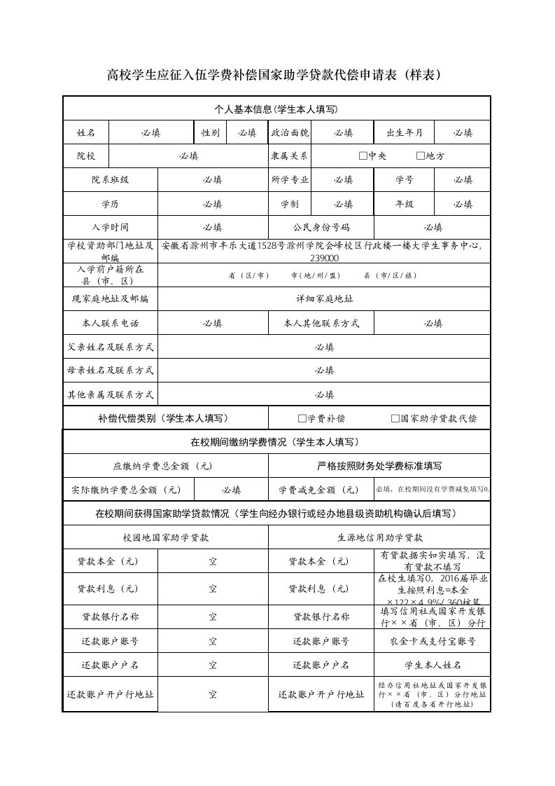 高校学生应征入伍学费补偿国家助学贷款代偿申请表(样表)