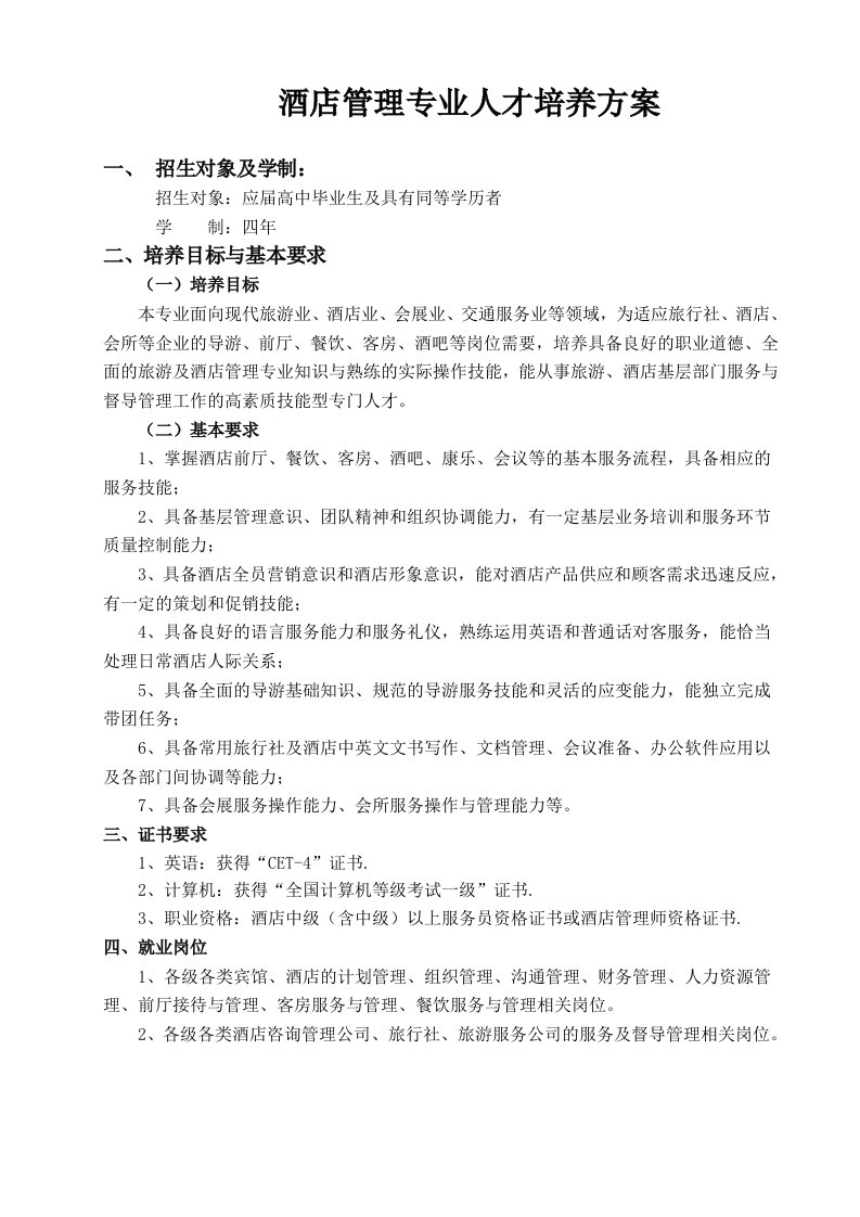 酒店管理专业人才培养方案(1)