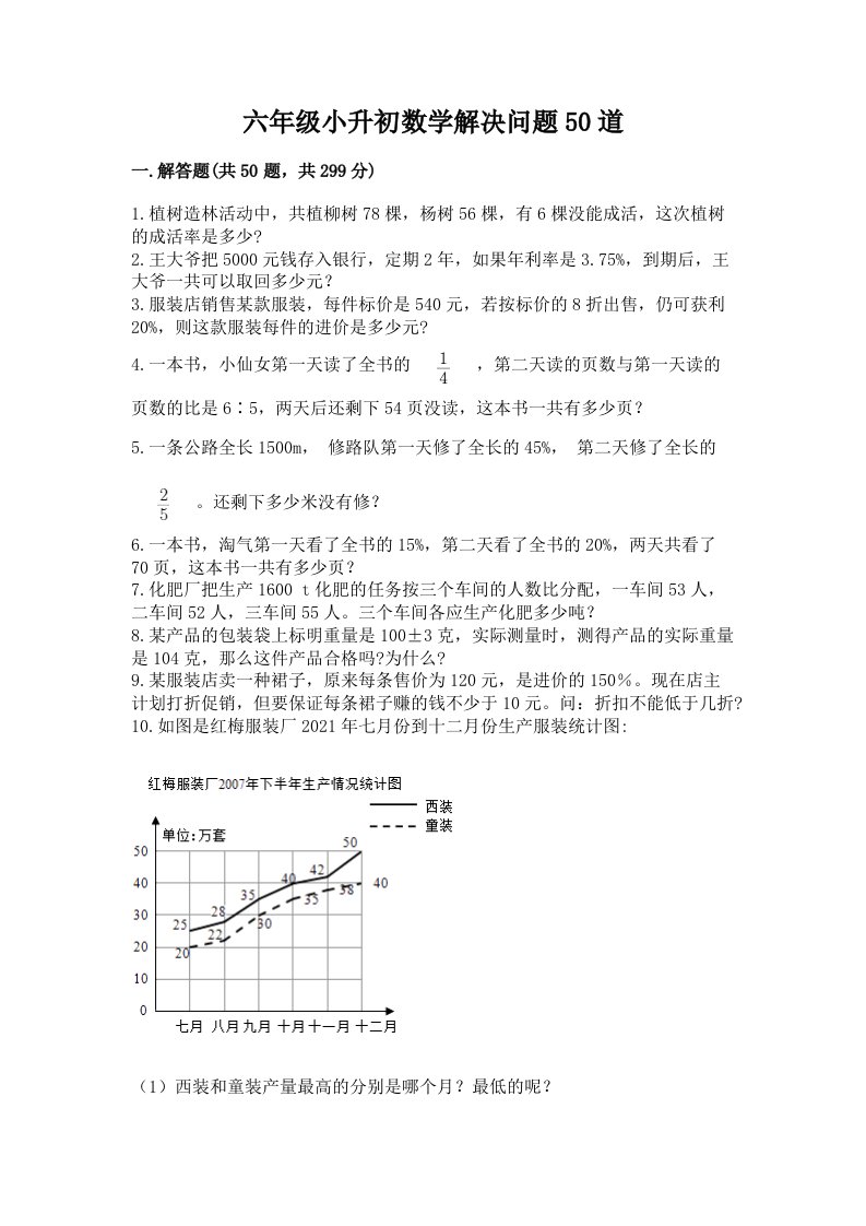 六年级小升初数学解决问题50道（各地真题）word版