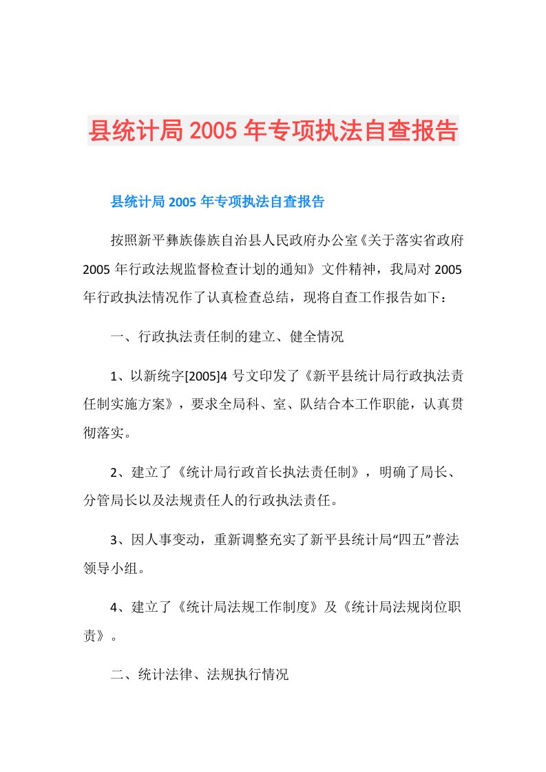 县统计局2005年专项执法自查报告