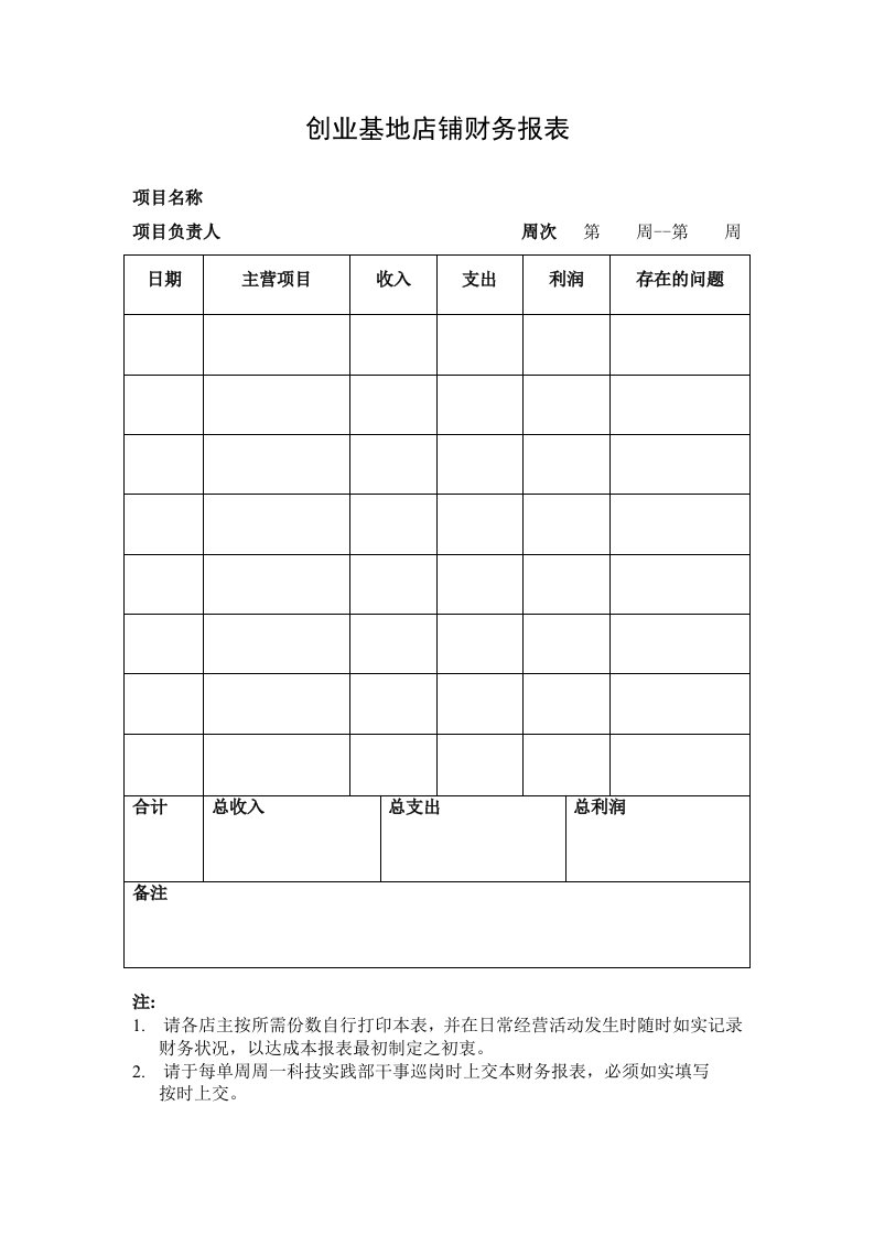 模板创业基地店铺财务报表