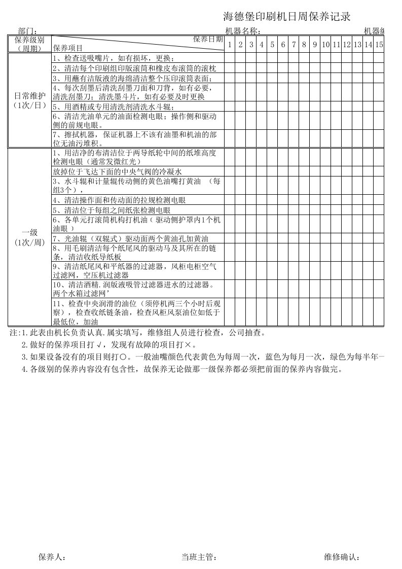 印刷设备保养记录