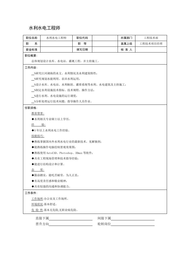 水利工程-某房地产公司水利水电工程师岗位说明书