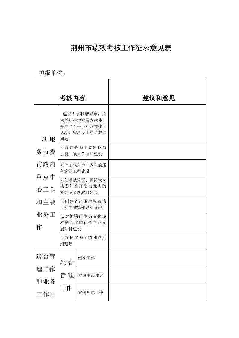 荆州市绩效考核工作征求意见表