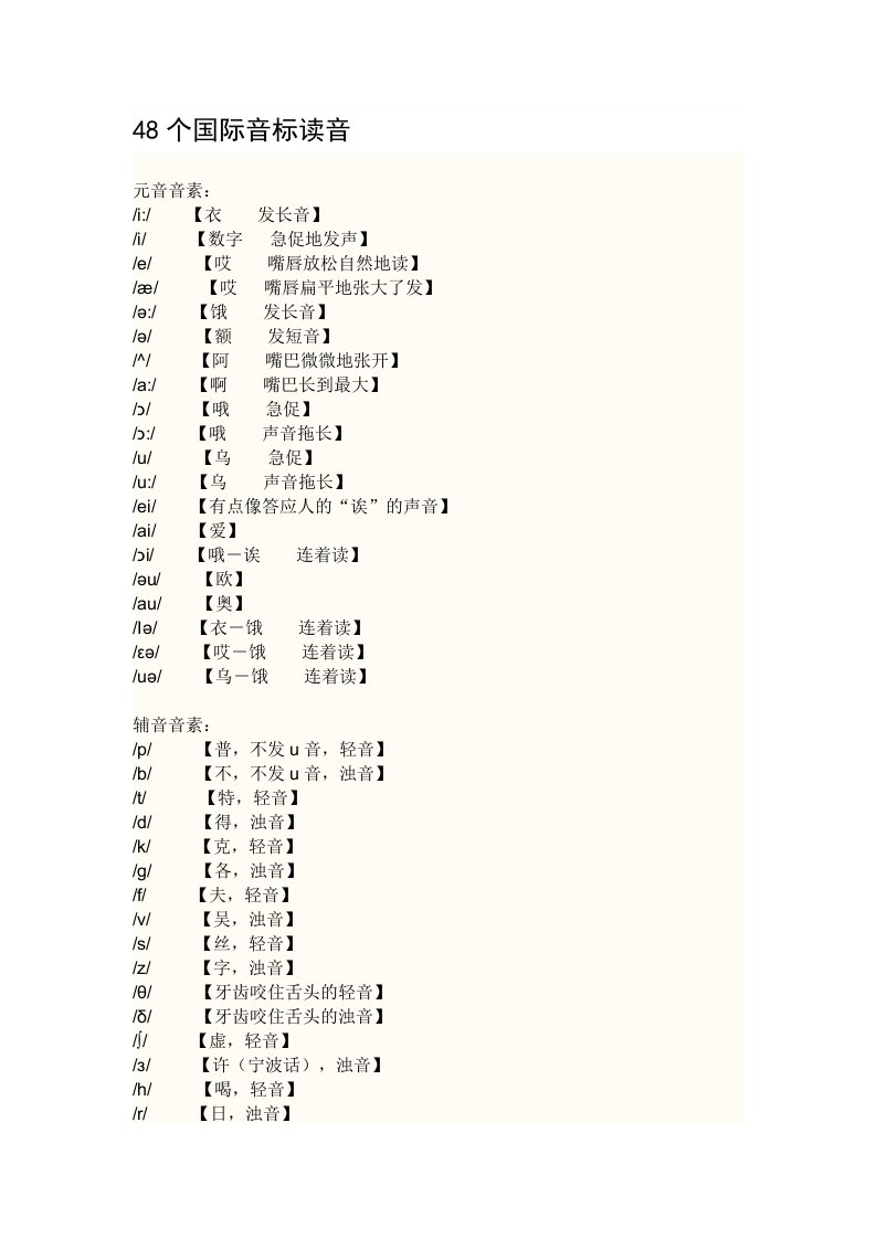 48个国际音标及模拟读音