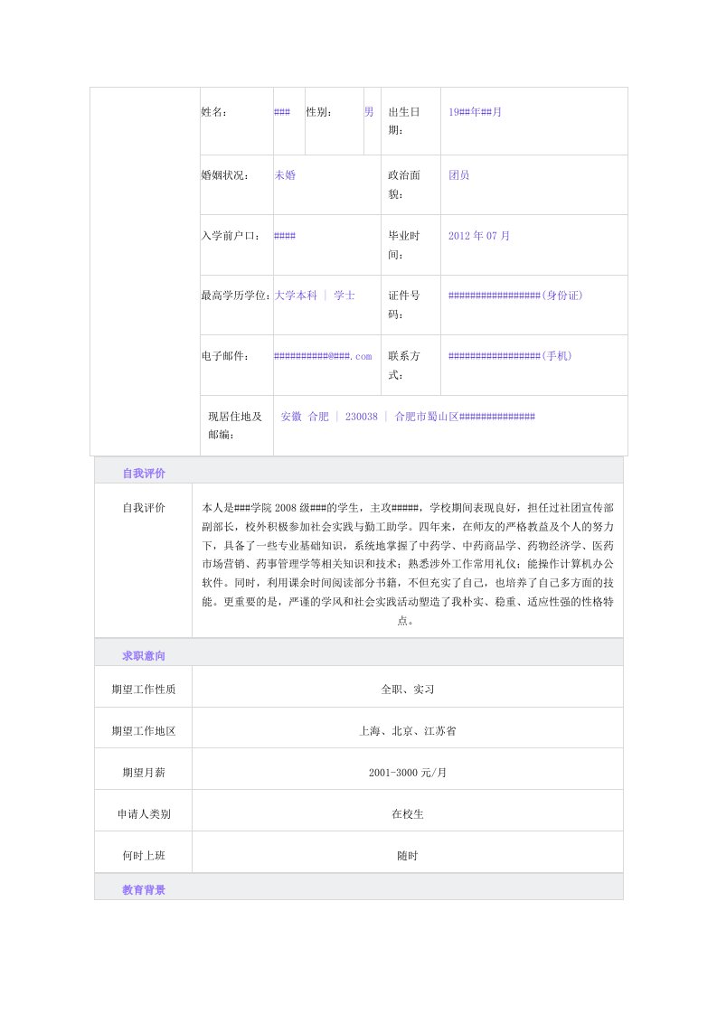 药学类毕业生简历