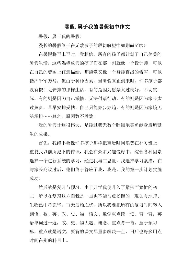 暑假,属于我的暑假初中作文