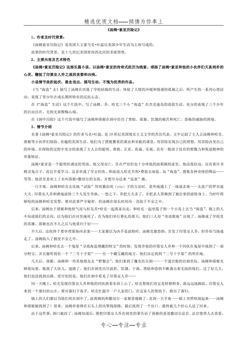 中考语文之名著阅读专题《汤姆索亚历险记》练习题(共13页)