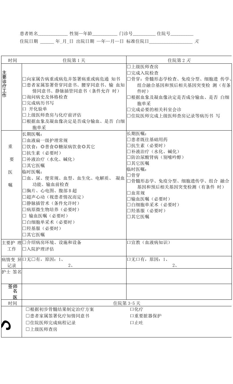 成人初治急性髓系白血病（AML）临床路径治疗记录登记表