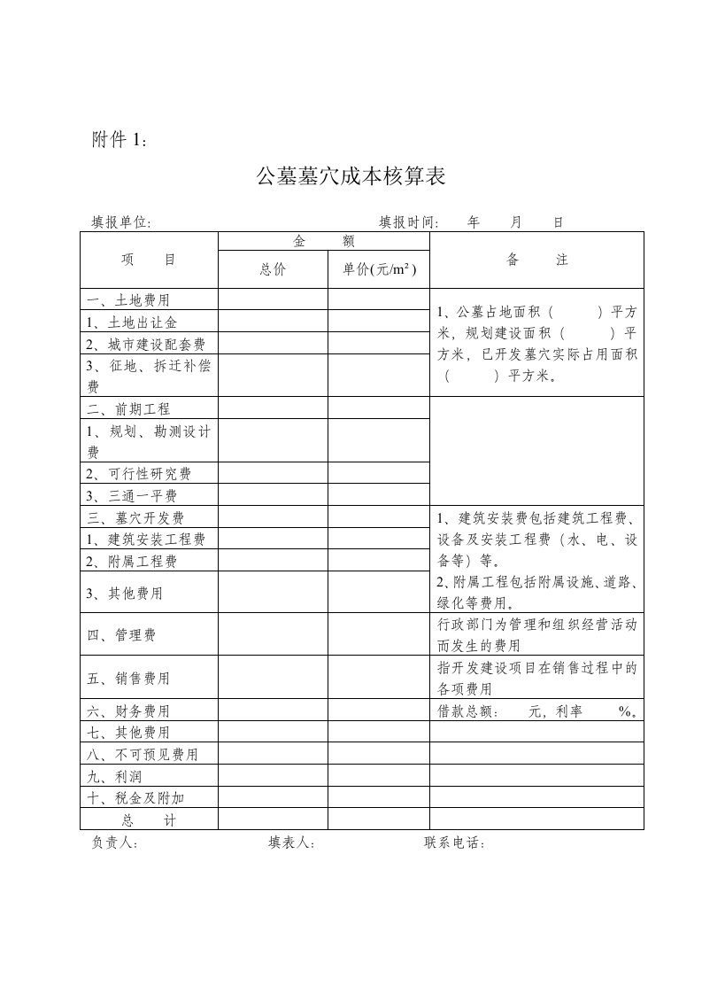 成本管理-公墓墓穴成本核算表