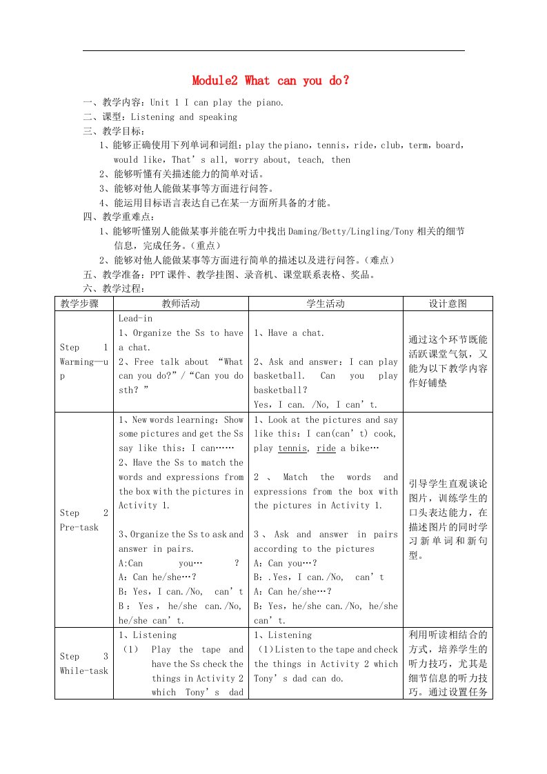 2024七年级英语下册Module2Whatcanyoudo教学设计新版外研版