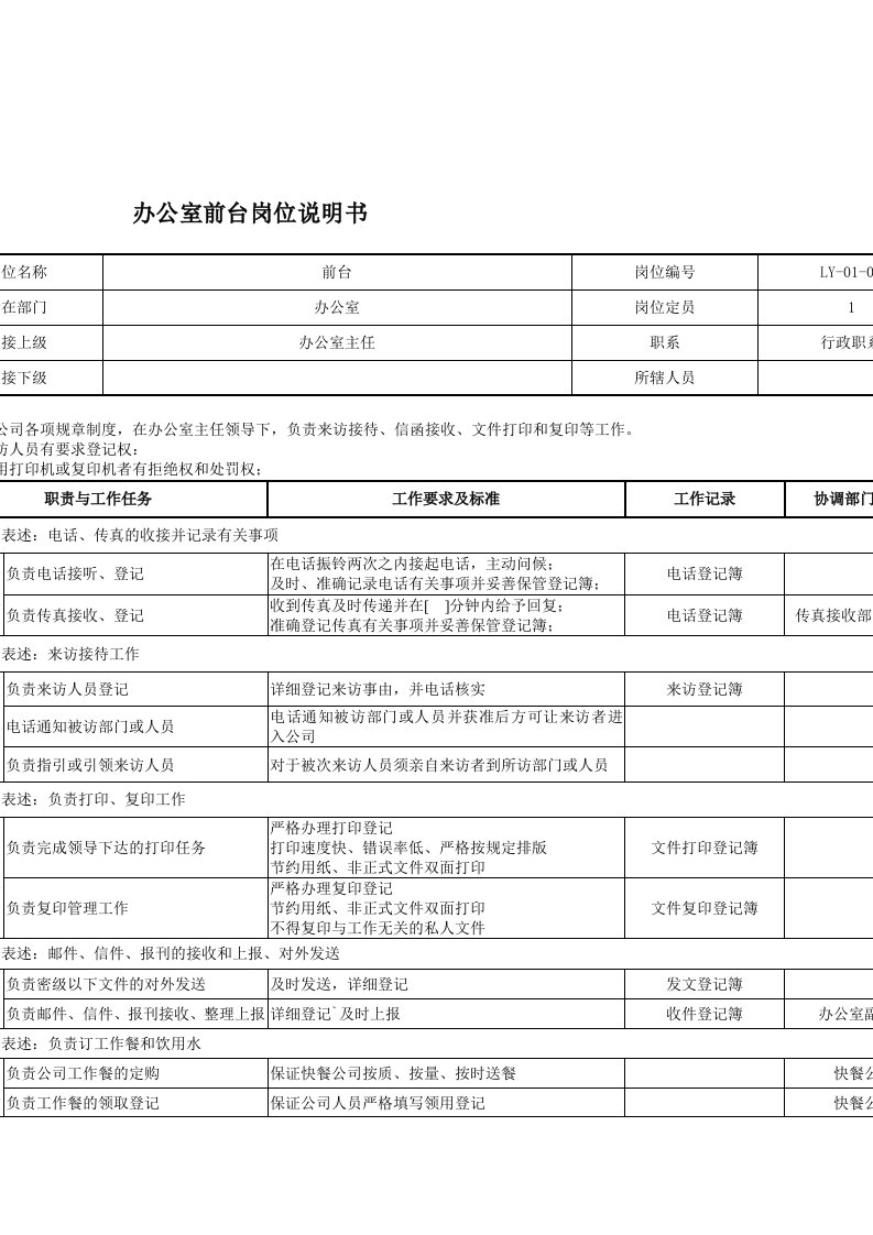 办公室前台的岗位说明书