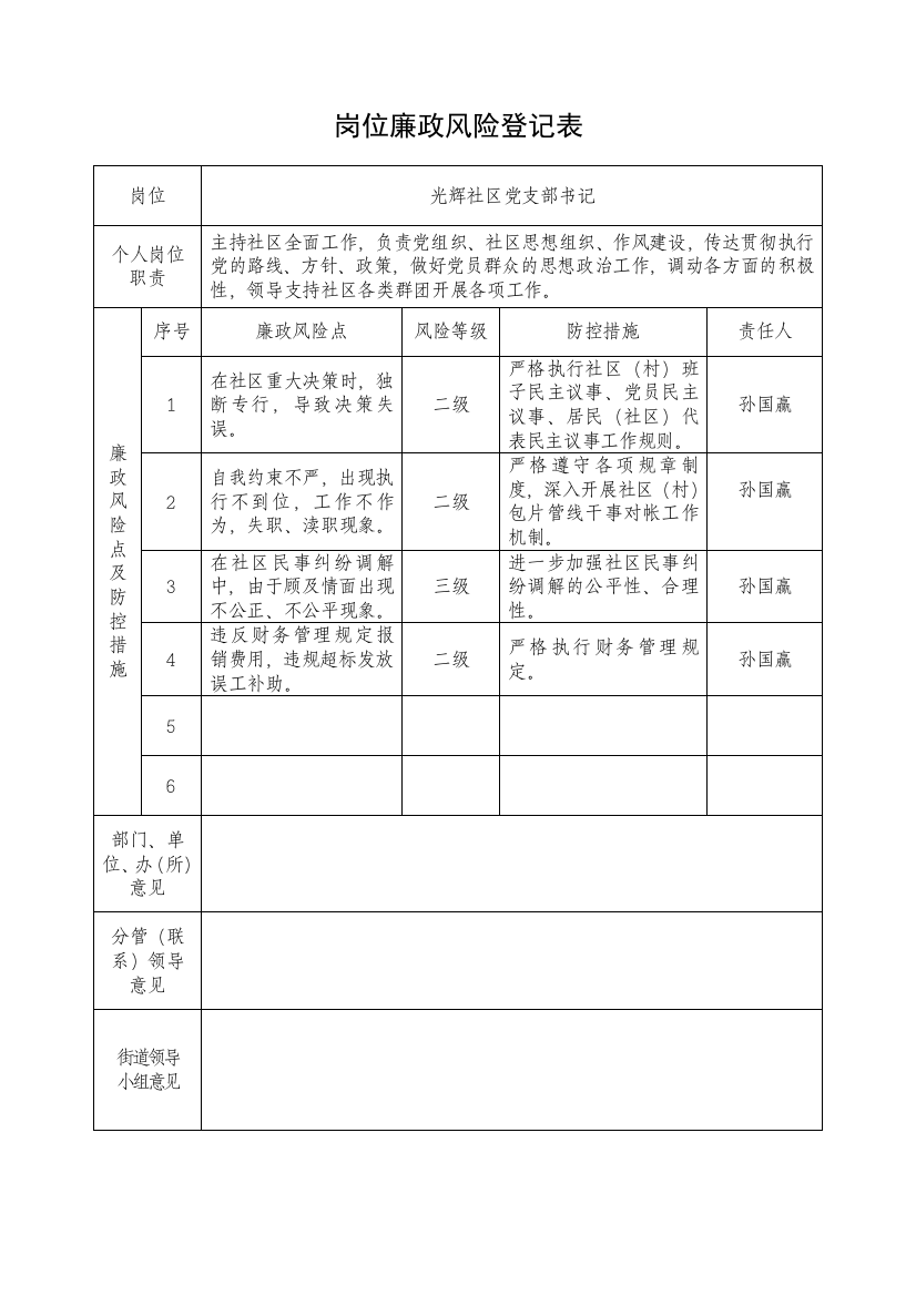 岗位廉政风险登记表