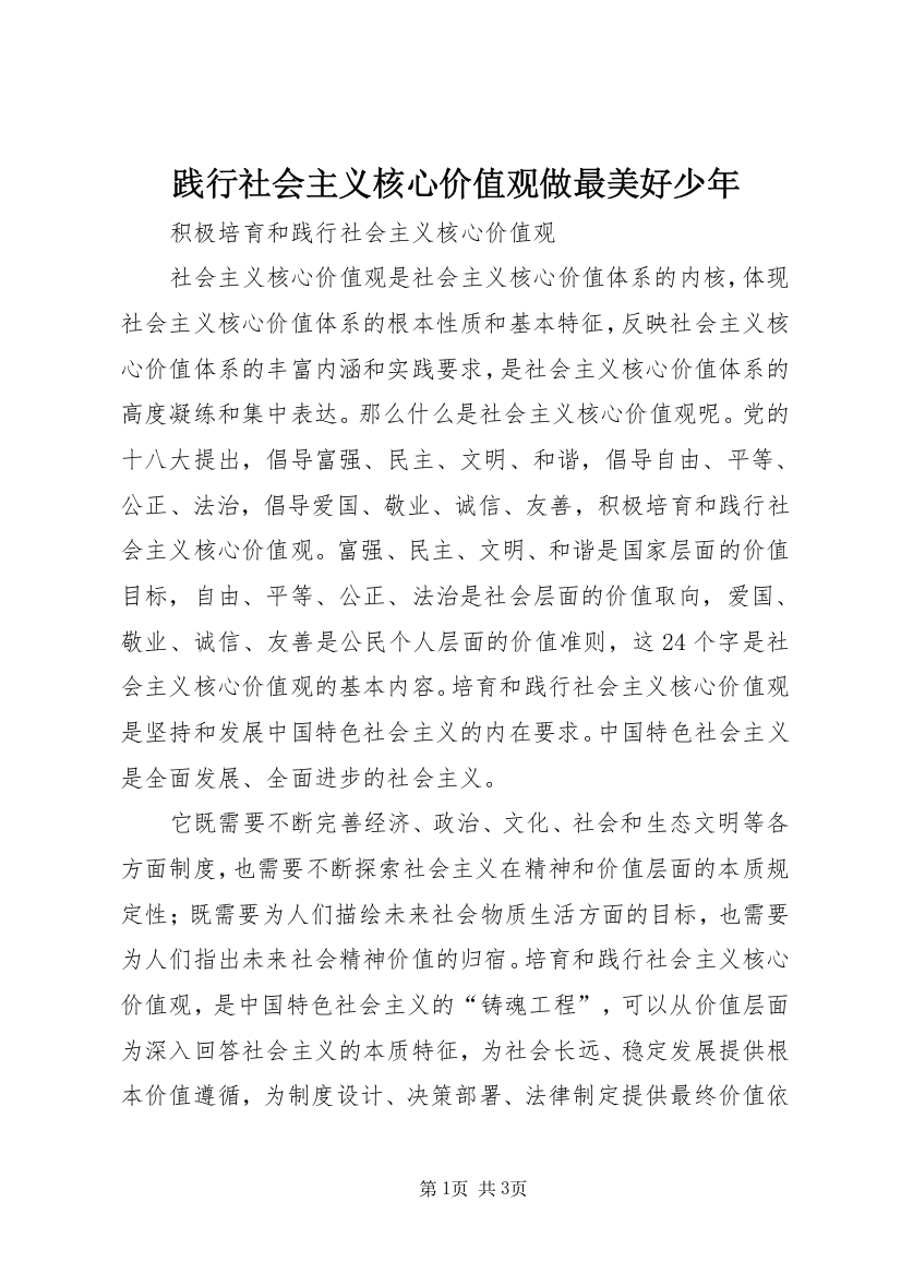 践行社会主义核心价值观做最美好少年