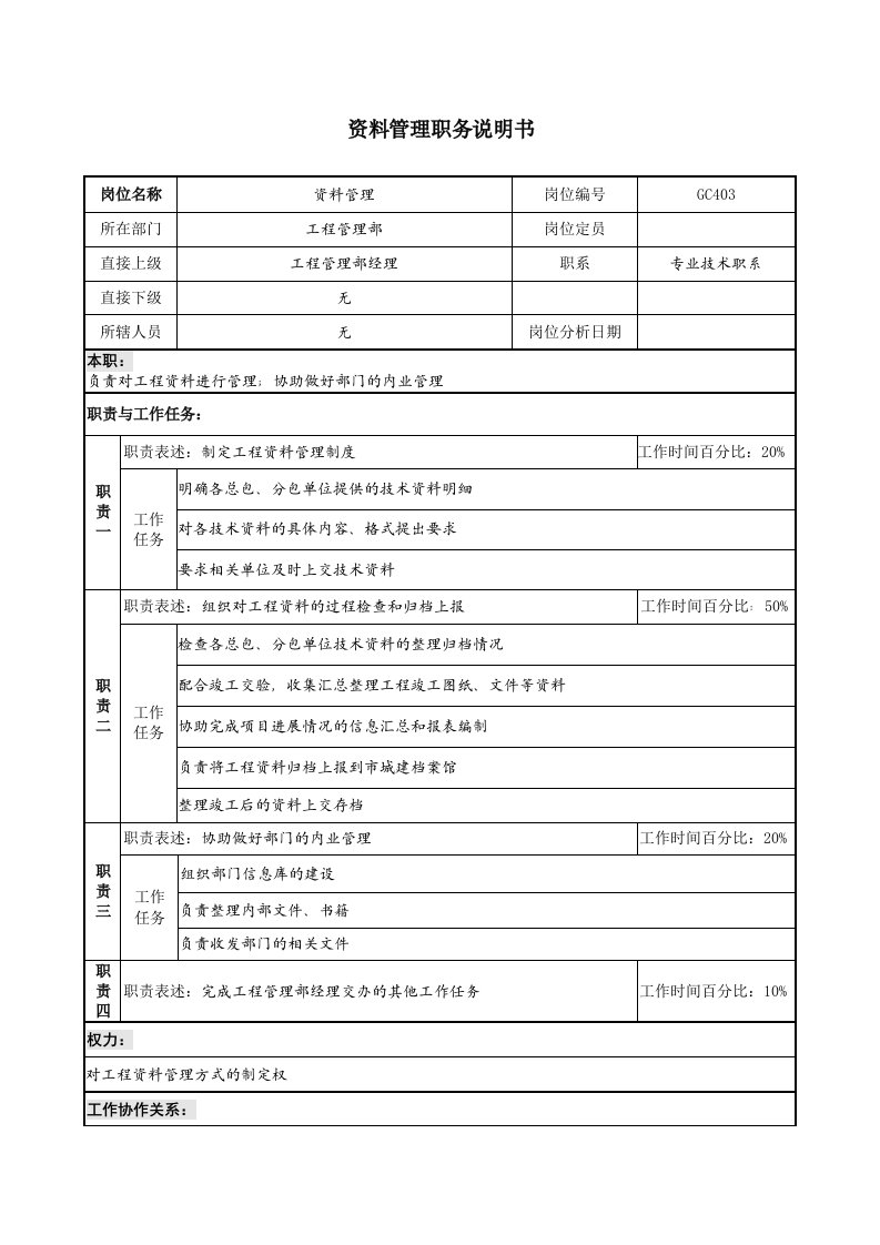 某地产企业资料管理岗位说明书