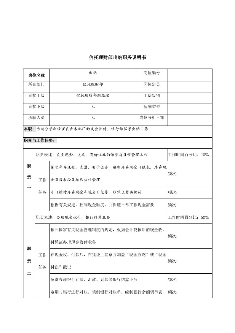 信托理财部出纳岗位职务说明