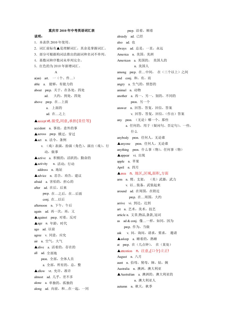 重庆市中考英语词汇表