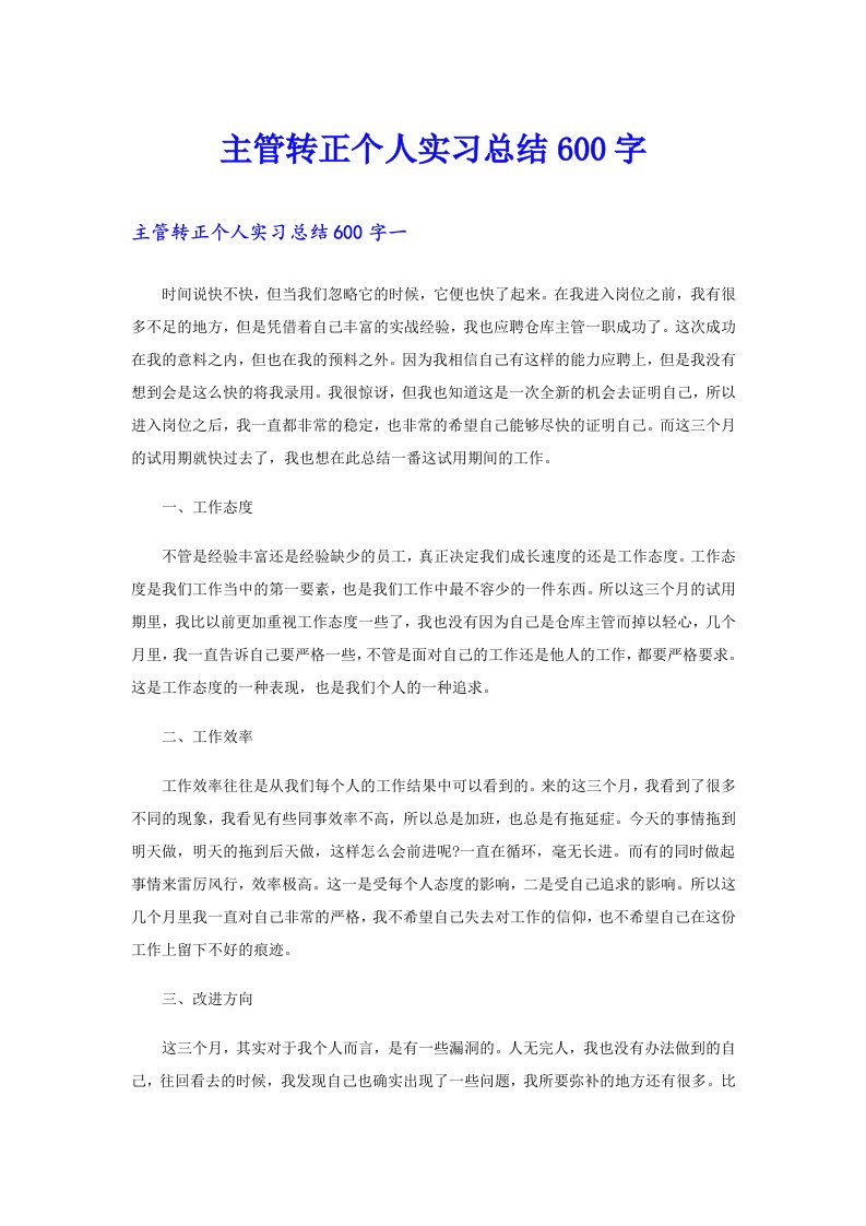 主管转正个人实习总结600字